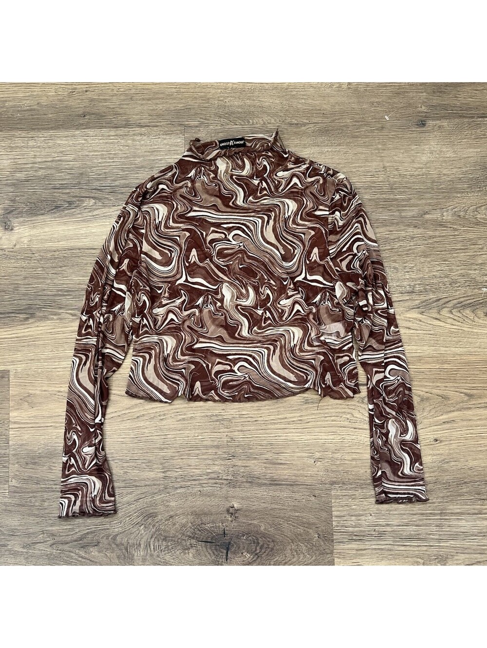 Almost Famous Y2K Brown Swirl Mesh Mock Neck Crop Top Plus Size 3X Lettuce Edge